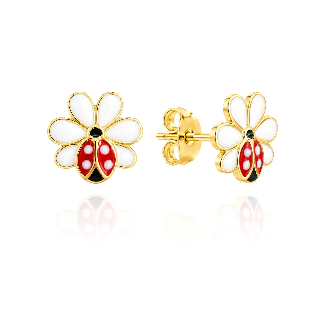 Златни детски обеци Flower Ladybug - ДЕТСКИ ОБЕЦИ (Златни и сребърни бижута)
