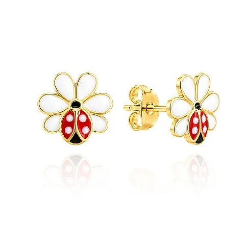 Златни детски обеци Flower Ladybug