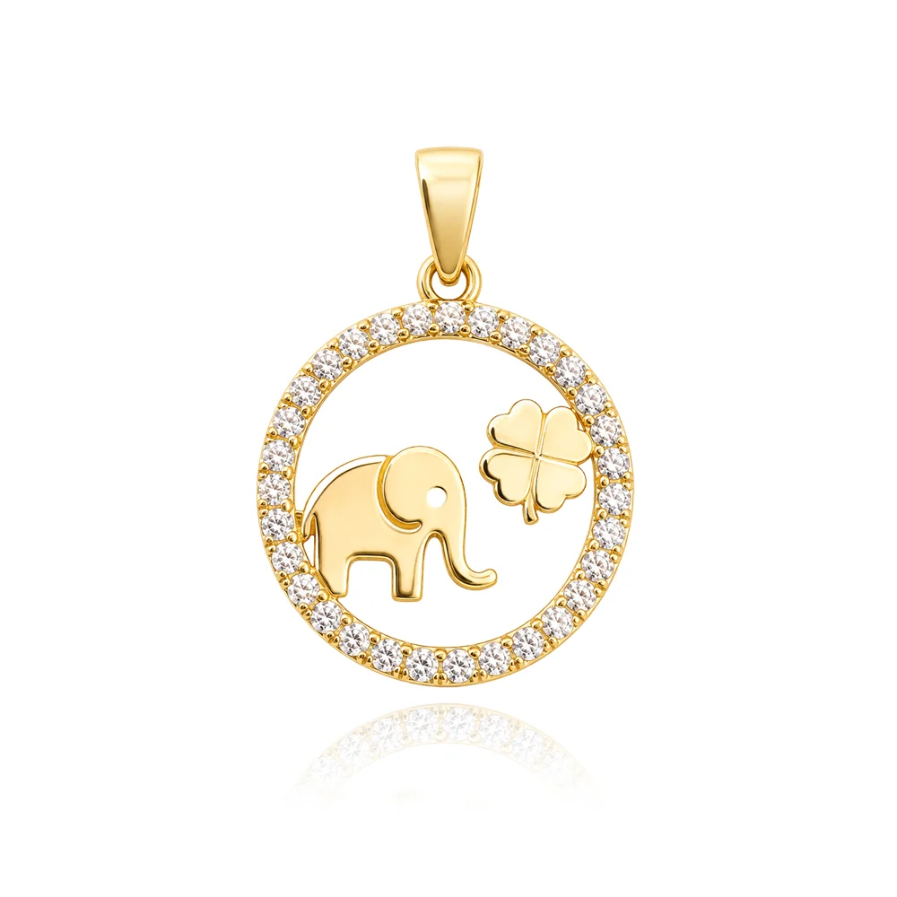 Златен медальон Elephant Luck със слонче, четирилистна детелина и цирконии