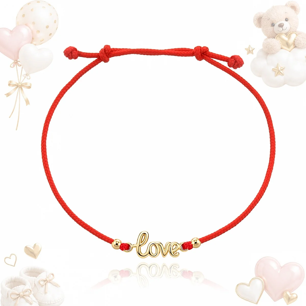 Гривна за бебе Lulu с червен конец, златен надпис love и две топчета G11890