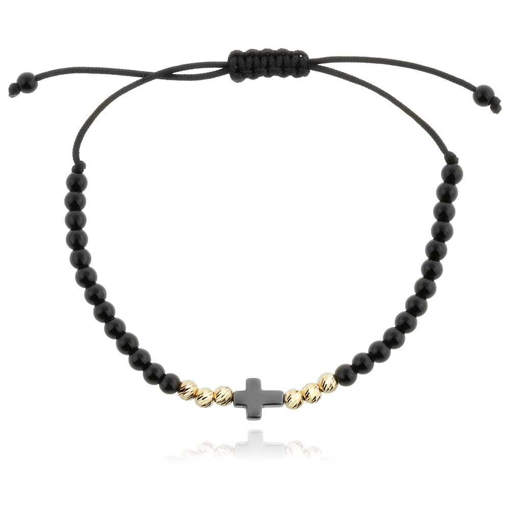Гривна с черен конец оникси и златни топчета